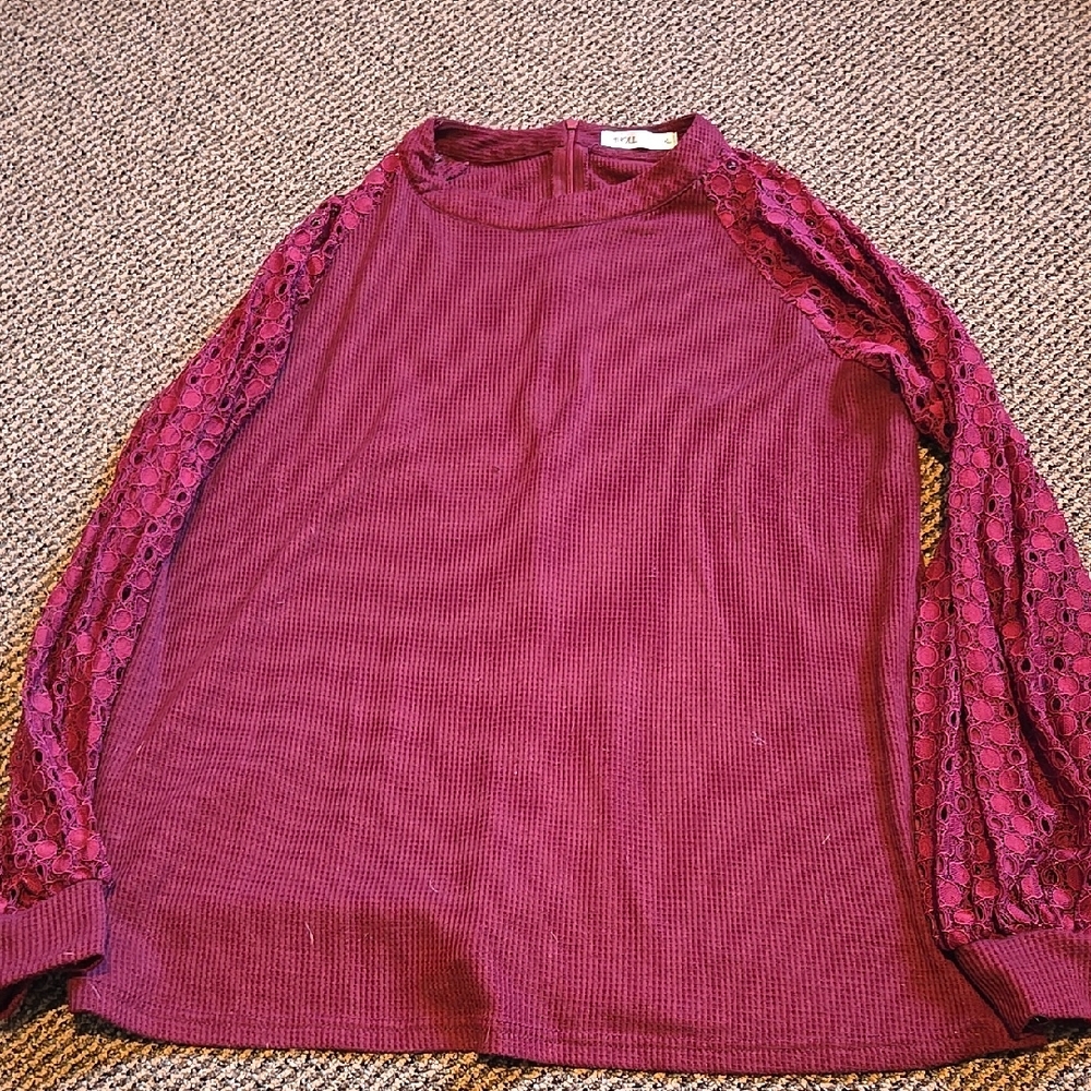 Miholl Botique Lace Sleeve Top Waffle Weave Blouse In Burgundy